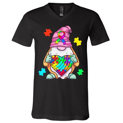 Autism Awareness Gnome Hugging Heart Acceptance V-Neck T-Shirt