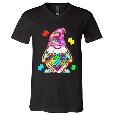 Autism Awareness Gnome Hugging Heart Acceptance V-Neck T-Shirt