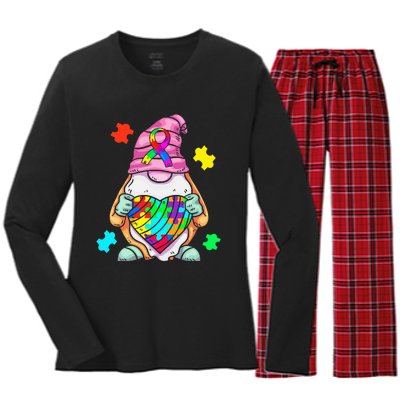 Autism Awareness Gnome Hugging Heart Acceptance Women's Long Sleeve Flannel Pajama Set 