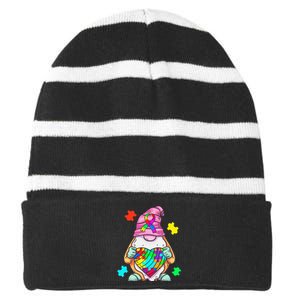 Autism Awareness Gnome Hugging Heart Acceptance Striped Beanie with Solid Band