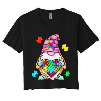 Autism Awareness Gnome Hugging Heart Acceptance Women's Crop Top Tee