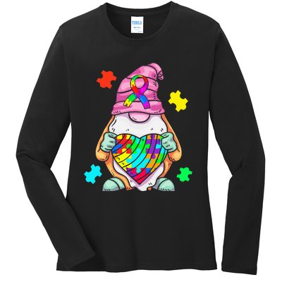 Autism Awareness Gnome Hugging Heart Acceptance Ladies Long Sleeve Shirt