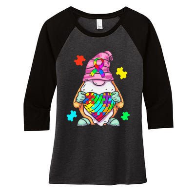 Autism Awareness Gnome Hugging Heart Acceptance Women's Tri-Blend 3/4-Sleeve Raglan Shirt