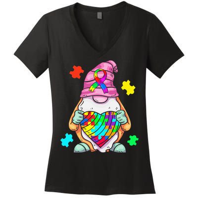 Autism Awareness Gnome Hugging Heart Acceptance Women's V-Neck T-Shirt