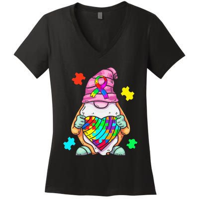 Autism Awareness Gnome Hugging Heart Acceptance Women's V-Neck T-Shirt