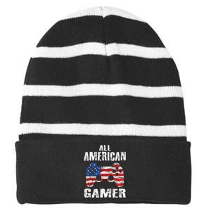 All American Gamer 4th Of July Video Games Striped Beanie with Solid Band