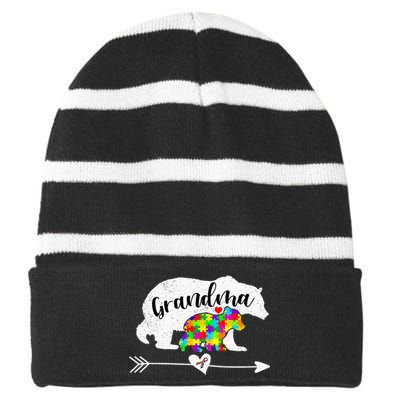 Autism Awareness Grandma Bear Support Autistic Adults Striped Beanie with Solid Band