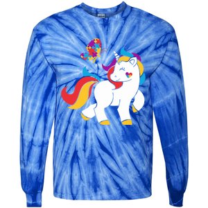 Autism Awareness Gift Unicorn Butterfly Autism Puzzle Tie-Dye Long Sleeve Shirt