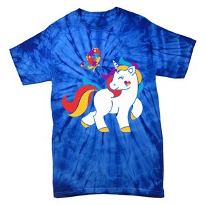 Autism Awareness Gift Unicorn Butterfly Autism Puzzle Tie-Dye T-Shirt