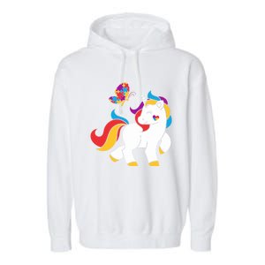 Autism Awareness Gift Unicorn Butterfly Autism Puzzle Garment-Dyed Fleece Hoodie