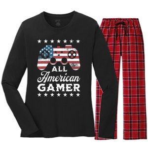 All American Gamer 4Th Of July Game Controller Women's Long Sleeve Flannel Pajama Set 