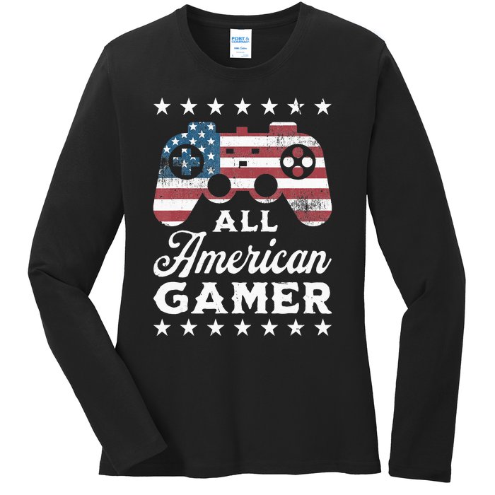 All American Gamer 4Th Of July Game Controller Ladies Long Sleeve Shirt