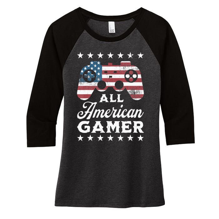 All American Gamer 4Th Of July Game Controller Women's Tri-Blend 3/4-Sleeve Raglan Shirt