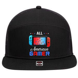 All American Gamer Funny 4th Of July Usa Flag 7 Panel Mesh Trucker Snapback Hat