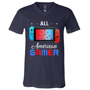 All American Gamer Funny 4th Of July Usa Flag V-Neck T-Shirt