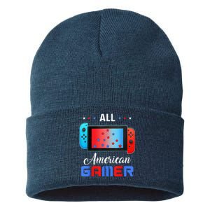 All American Gamer Funny 4th Of July Usa Flag Sustainable Knit Beanie