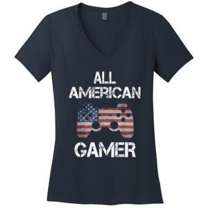 All American Gamer 4th Of July Video Games Women's V-Neck T-Shirt