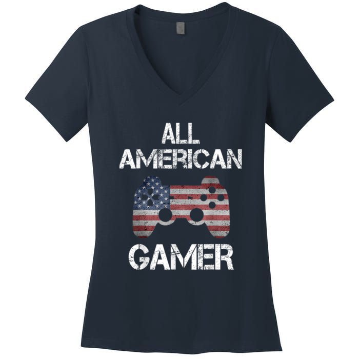 All American Gamer 4th Of July Video Games Women's V-Neck T-Shirt