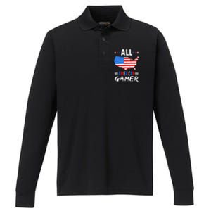 All American Gamer Fourth Of July Usa Map Us Flag Patriotic Performance Long Sleeve Polo