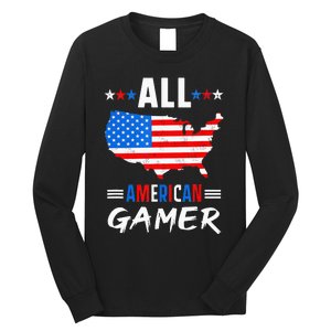 All American Gamer Fourth Of July Usa Map Us Flag Patriotic Long Sleeve Shirt