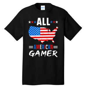 All American Gamer Fourth Of July Usa Map Us Flag Patriotic Tall T-Shirt