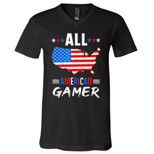 All American Gamer Fourth Of July Usa Map Us Flag Patriotic V-Neck T-Shirt