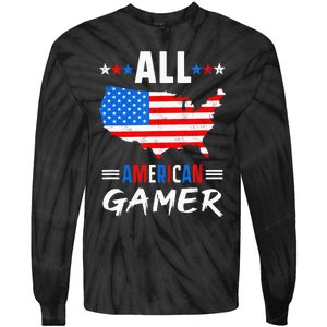 All American Gamer Fourth Of July Usa Map Us Flag Patriotic Tie-Dye Long Sleeve Shirt