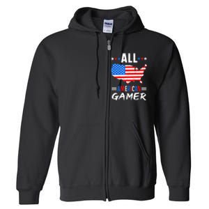 All American Gamer Fourth Of July Usa Map Us Flag Patriotic Full Zip Hoodie