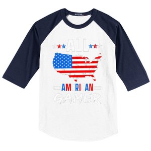 All American Gamer Fourth Of July Usa Map Us Flag Patriotic Baseball Sleeve Shirt