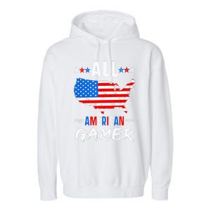 All American Gamer Fourth Of July Usa Map Us Flag Patriotic Garment-Dyed Fleece Hoodie