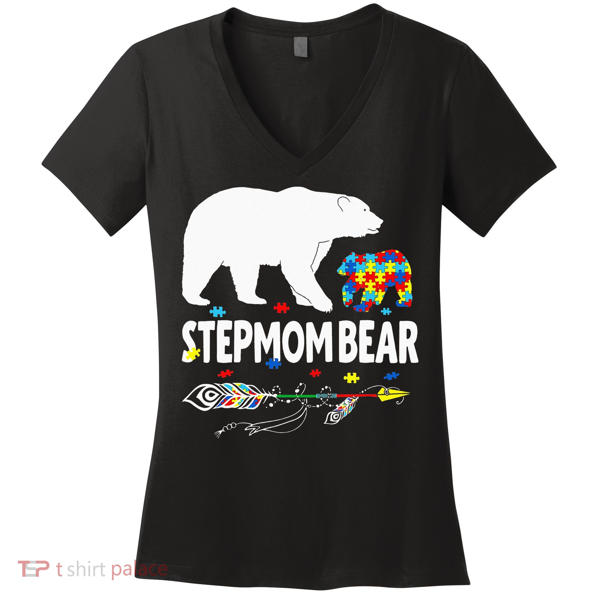 Autism Awareness Gift Stepmom Bear Support Autistic Autism Women's V-Neck T-Shirt