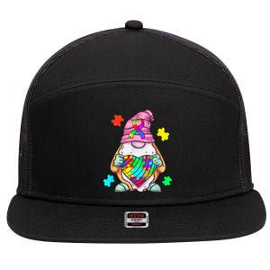 Autism Awareness Gnome Hugging Heart Acceptance Wo kid 7 Panel Mesh Trucker Snapback Hat