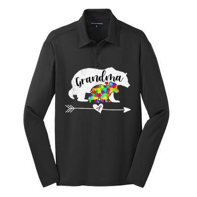 Autism Awareness Grandma Bear Support Autistic Women Silk Touch Performance Long Sleeve Polo