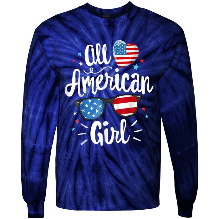 All American Girl Wo American Flag 4th of July Patriotic Tie-Dye Long Sleeve Shirt