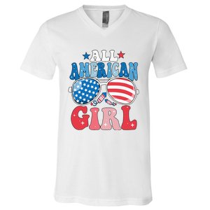 All American Girl Sunglasses 4th Of July V-Neck T-Shirt