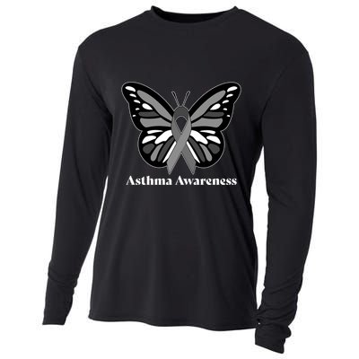 Asthma Awareness Gray Ribbon Butterfly Cooling Performance Long Sleeve Crew
