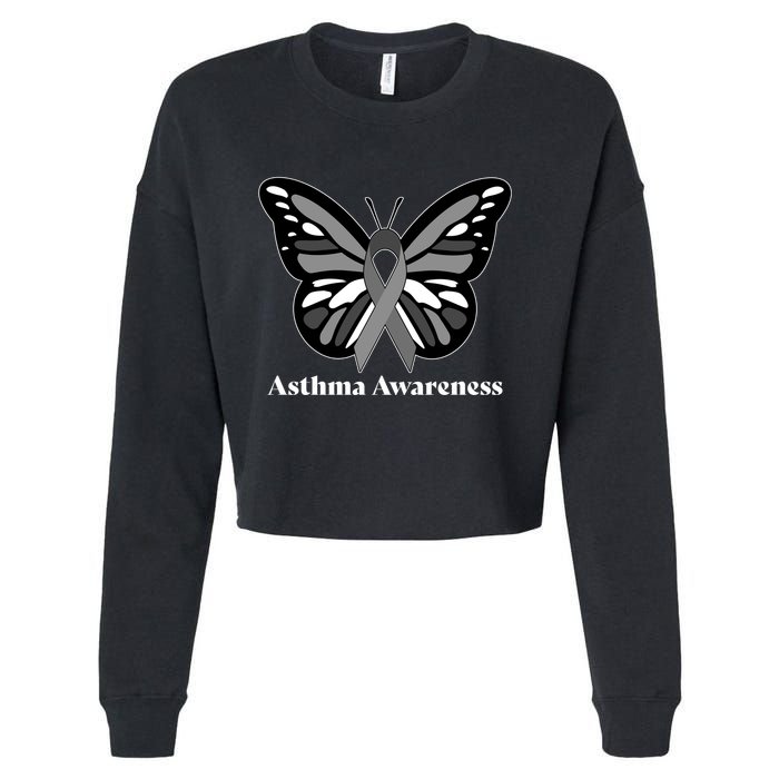 Asthma Awareness Gray Ribbon Butterfly Cropped Pullover Crew