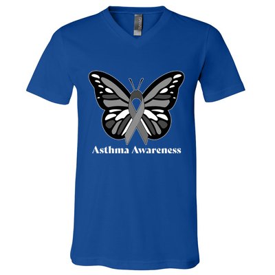 Asthma Awareness Gray Ribbon Butterfly V-Neck T-Shirt