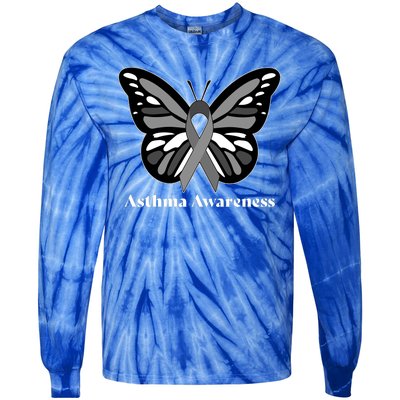 Asthma Awareness Gray Ribbon Butterfly Tie-Dye Long Sleeve Shirt