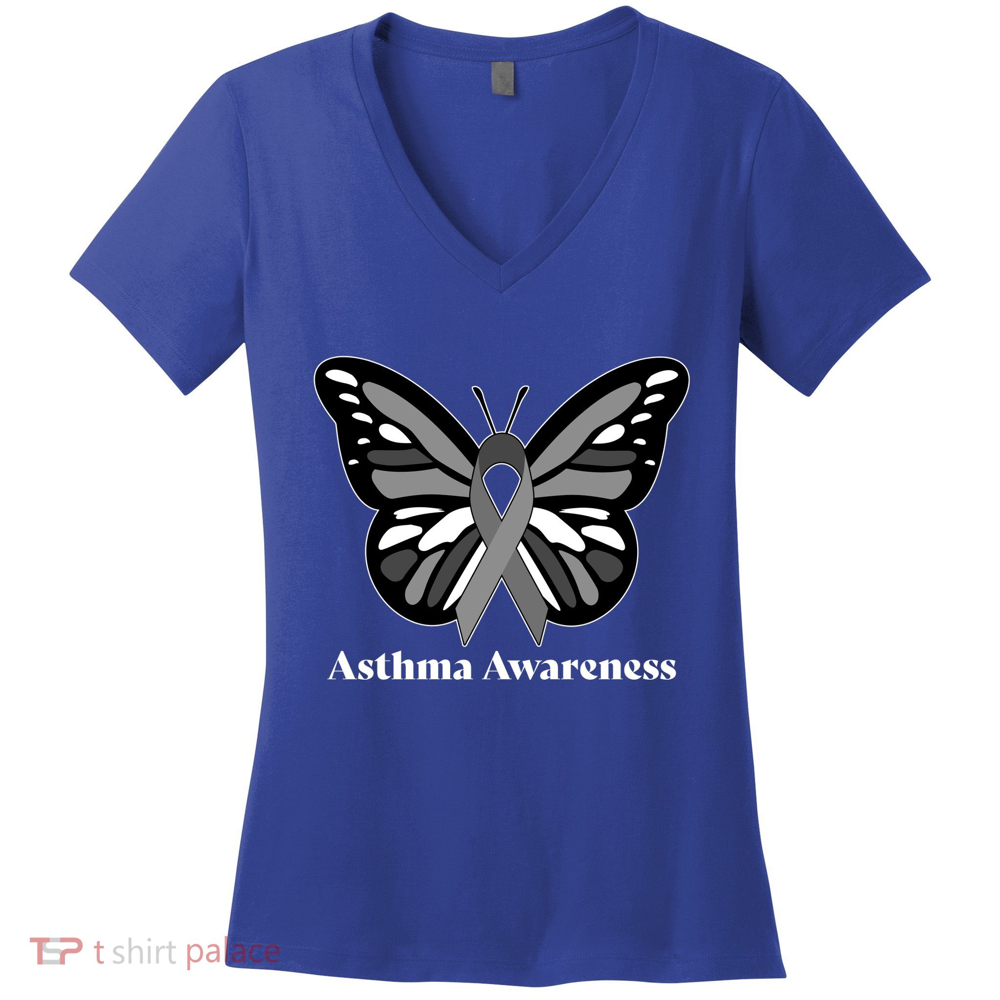 Asthma Awareness Gray Ribbon Butterfly Women's V-Neck T-Shirt