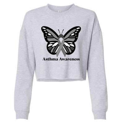 Asthma Awareness Gray Ribbon Butterfly Cropped Pullover Crew