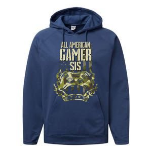 All American Gamer Sis 4th Of July Independence Day Gaming Gift Performance Fleece Hoodie