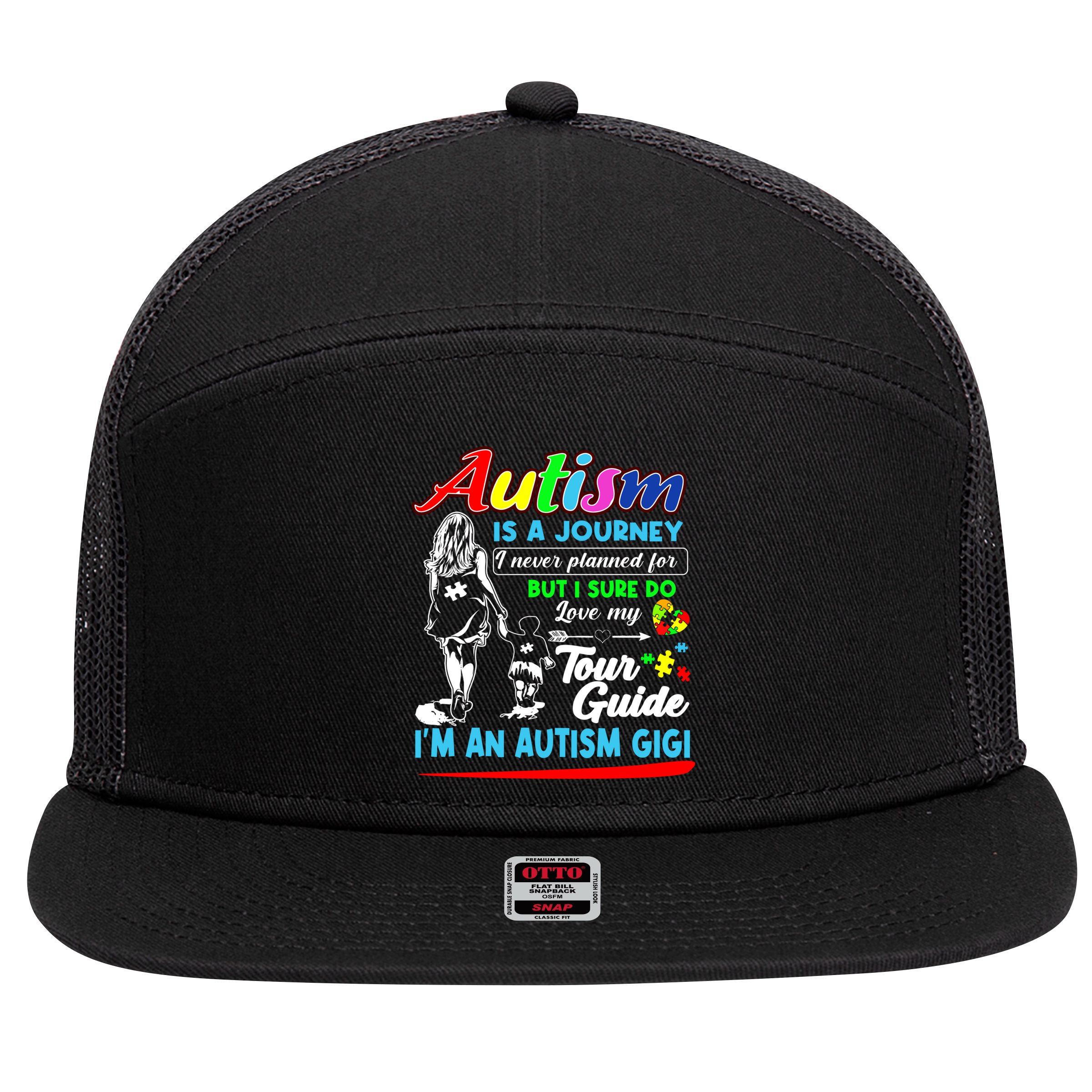 Autism Awareness Gigi Autism Is A Journey Gift 7 Panel Mesh Trucker Snapback Hat