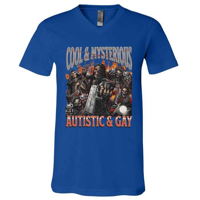 Autistic And Gay Funny Hard Skeleton V-Neck T-Shirt