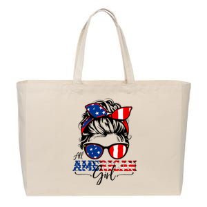 All American Girl 4th Of July Women Messy Bun Usa Flag Cotton Canvas Jumbo Tote