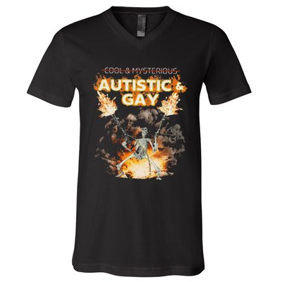 Autistic And Gay Skeleton Funny V-Neck T-Shirt