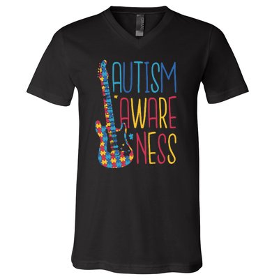 Autism Awareness Guitar V-Neck T-Shirt