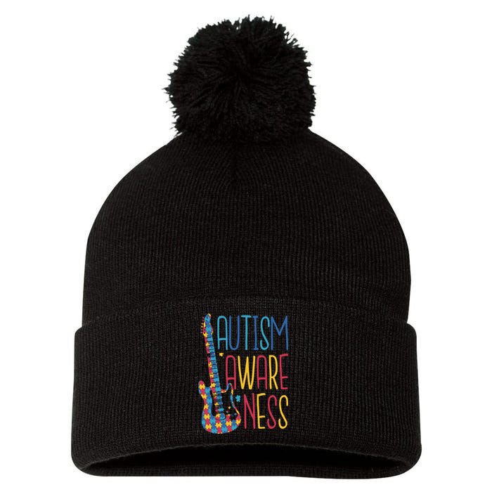 Autism Awareness Guitar Pom Pom 12in Knit Beanie