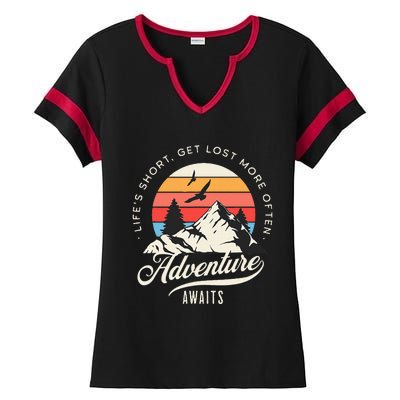 Adventure Awaits Get Lost Mountain Camping Outdoors Ladies Halftime Notch Neck Tee