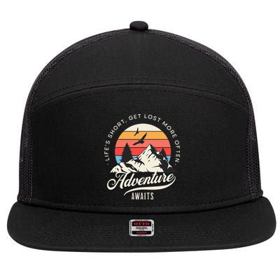 Adventure Awaits Get Lost Mountain Camping Outdoors 7 Panel Mesh Trucker Snapback Hat